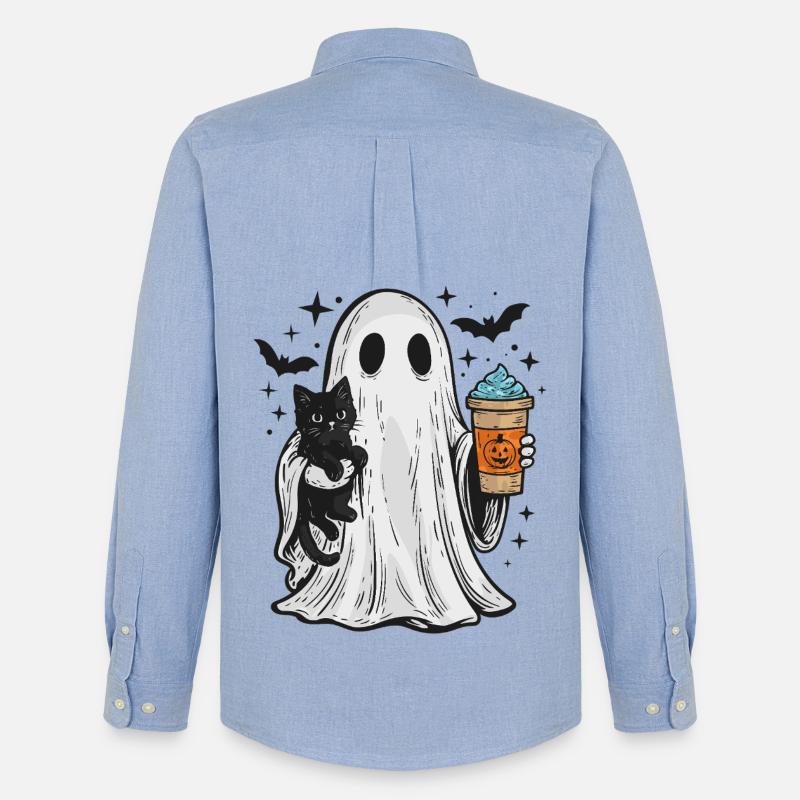 Halloween-Geist mit Katze und Kaffee - Männer Oxford Hemd von Stanley/Stella - Carolina Blue