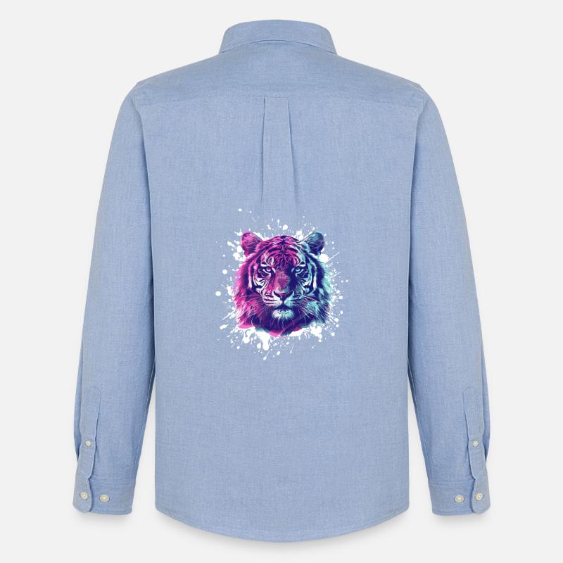 Neon Tiger Splatter Portrait - Männer Oxford Hemd von Stanley/Stella - Carolina Blue