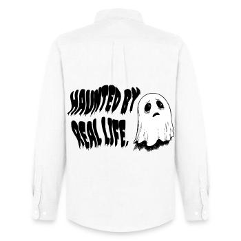 Haunted by Real Life | Sad Ghost Design - Männer Oxford Hemd von Stanley/Stella - Weiß - Hinten - AI Model Male 185 dark (185cm)