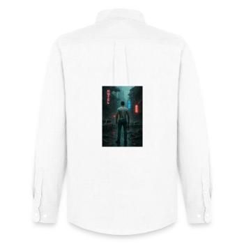 Post-Apocalyptic Cityscape Illustration - Men's Oxford Shirt by Stanley/Stella - white - Back - AI Model Male 185 dark (185cm)