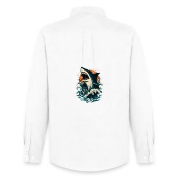 Le requin rugit à travers les vagues orangées - Chemise Oxford homme Stanley/Stella - blanc - Dos - AI Model Male 185 dark (185cm)
