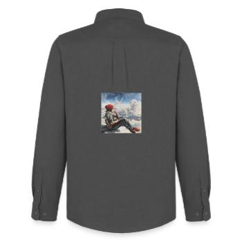 Homme assis sur la turbine de l’avion et fumant - Chemise Oxford homme Stanley/Stella - charbon - Dos - AI Model Male 185 dark (185cm)