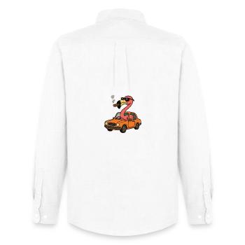 Flamingo in einem orangefarbenen Auto - Männer Oxford Hemd von Stanley/Stella - Weiß - Hinten - AI Model Male 185 dark (185cm)