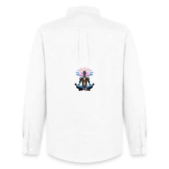 Cyborg Zen et Lotus Éclatant - Chemise Oxford homme Stanley/Stella - blanc - Dos - AI Model Male 185 dark (185cm)