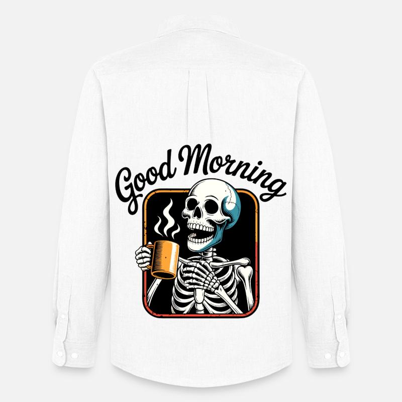 Kaffee-Skelett mit dampfender Tasse - Männer Oxford Hemd von Stanley/Stella - Weiß