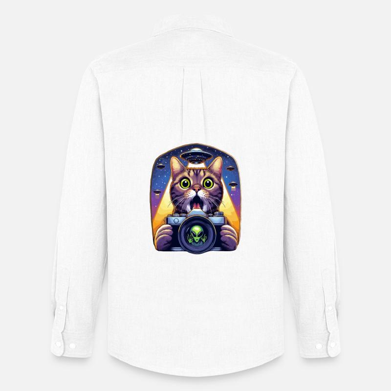 Lustige verängstigte Katze mit UFO-Alien-Angriff 3D-Effekt - Männer Oxford Hemd von Stanley/Stella - Weiß