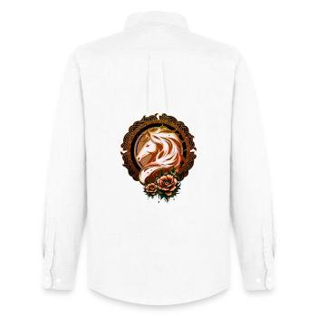 The elegant horse's head adorned with flowers. - Men's Oxford Shirt by Stanley/Stella - white - Back - AI Model Male 185 dark (185cm)