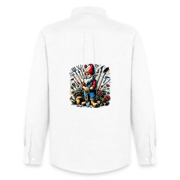 Colorful, living garden gnome surrounded by tools - Men's Oxford Shirt by Stanley/Stella - white - Back - AI Model Male 185 dark (185cm)