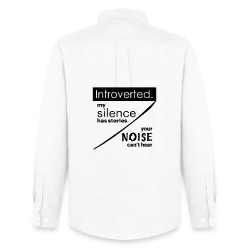 Introvertiert. Stille – Lärm. - Männer Oxford Hemd von Stanley/Stella - Weiß - Hinten - AI Model Male 185 dark (185cm)