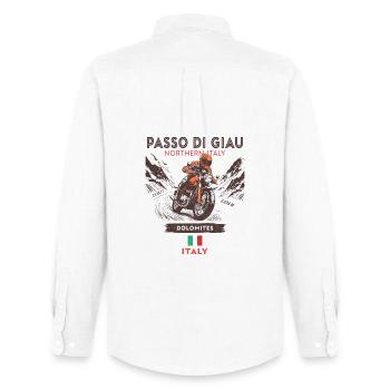Passo di Giau Motorcycle design  – Dolomites Italy - Chemise Oxford homme Stanley/Stella - blanc - Dos - AI Model Male 185 dark (185cm)