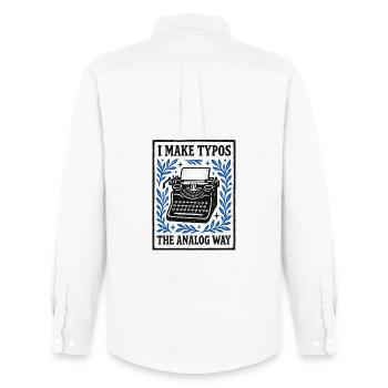 Analog typos | Typewriter Humor - Men's Oxford Shirt by Stanley/Stella - white - Back - AI Model Male 185 dark (185cm)
