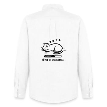 Chat endormi, réveil en chargement - Chemise Oxford homme Stanley/Stella - blanc - Dos - AI Model Male 185 dark (185cm)