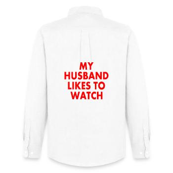 my husband likes to watch - Men's Oxford Shirt by Stanley/Stella - white - Back - AI Model Male 185 dark (185cm)
