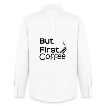 But first Coffee - Männer Oxford Hemd von Stanley/Stella - Weiß - Hinten - AI Model Male 185 dark (185cm)