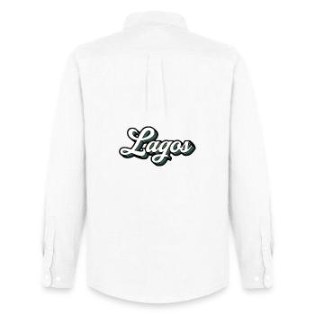 Lagos font with color stripes - Men's Oxford Shirt by Stanley/Stella - white - Back - AI Model Male 185 dark (185cm)
