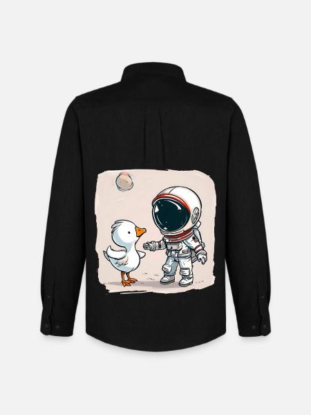 Cute Astronaut and Goose Cartoon Design | Space - Men's Oxford Shirt by Stanley/Stella - black