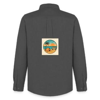 Coucher de soleil sur la plage avec tente - Chemise Oxford homme Stanley/Stella - charbon - Dos - AI Model Male 185 dark (185cm)