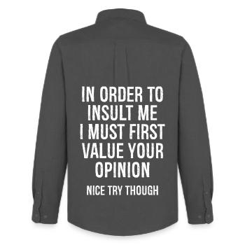 In order to insult me I must first value - Men's Oxford Shirt by Stanley/Stella - anthracite - Back - AI Model Male 185 dark (185cm)
