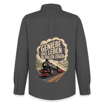 Bahn Genieße Das Leben In Vollen Zügen Eisenbahn - Männer Oxford Hemd von Stanley/Stella - Anthrazit - Hinten - AI Model Male 185 dark (185cm)