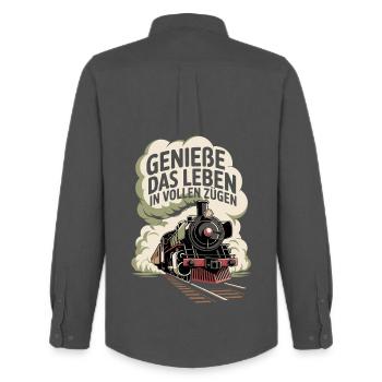 Bahn Genieße Das Leben In Vollen Zügen Eisenbahn - Männer Oxford Hemd von Stanley/Stella - Anthrazit - Hinten - AI Model Male 185 dark (185cm)