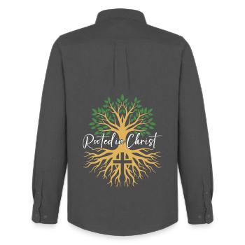 Rooted in Christ – Baum & Kreuz Glaube - Männer Oxford Hemd von Stanley/Stella - Anthrazit - Hinten - AI Model Male 185 dark (185cm)