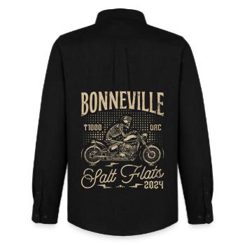 Bonneville Salt Flats Moto Anniversaire 2024 - Chemise Oxford homme Stanley/Stella - noir - Dos - AI Model Male 185 dark (185cm)