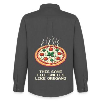 This save smells like oregano | Pizza Gag - Men's Oxford Shirt by Stanley/Stella - anthracite - Back - AI Model Male 185 dark (185cm)