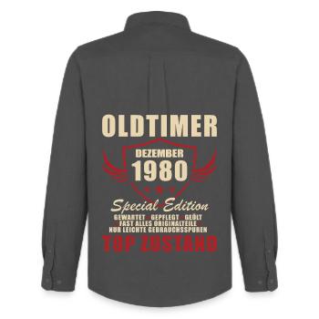 Oldtimer Dezember 1980 Special Edition - Männer Oxford Hemd von Stanley/Stella - Anthrazit - Hinten - AI Model Male 185 dark (185cm)