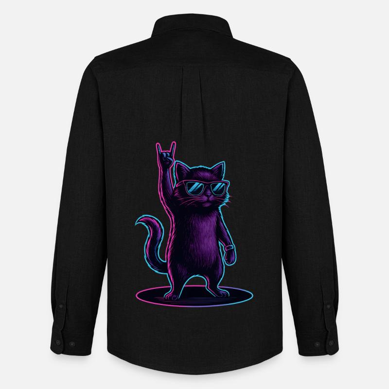 Synthwave Kater Katze mit Rockhand Pose - Männer Oxford Hemd von Stanley/Stella - Schwarz