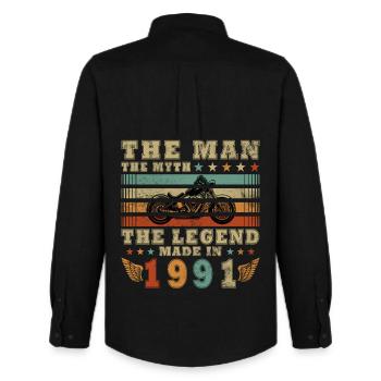 Cadeau d’anniversaire rétro de moto vintage 1991 - Chemise Oxford homme Stanley/Stella - noir - Dos - AI Model Male 185 dark (185cm)