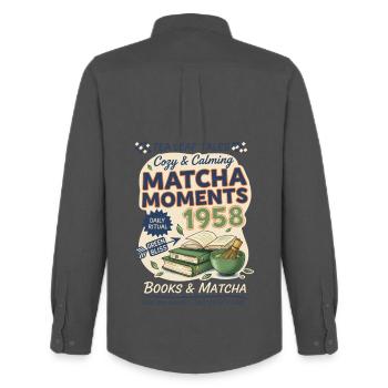 Cozy Calming Matcha Moments 1958 Books And Matcha - Männer Oxford Hemd von Stanley/Stella - Anthrazit - Hinten - AI Model Male 185 dark (185cm)
