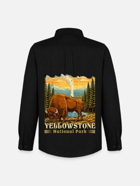 Yellowstone National Park Buffalo Camping - Men's Oxford Shirt by Stanley/Stella - black