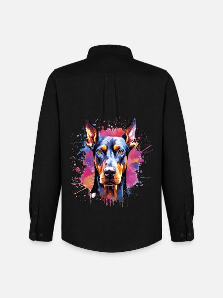 Lebendiges Aquarell-Dobermann-Porträt - Männer Oxford Hemd von Stanley/Stella - Schwarz