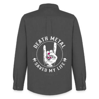 Le death metal m’a sauvé la vie - Devil Horns Metalheads - Chemise Oxford homme Stanley/Stella - charbon - Dos - AI Model Male 185 dark (185cm)