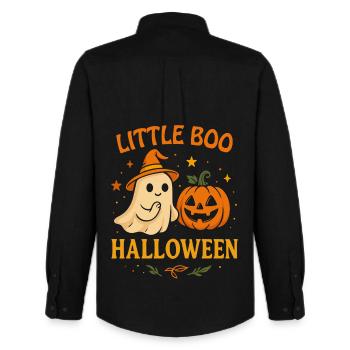 Little Boo Ghost with Pumpkin Halloween Motif - Men's Oxford Shirt by Stanley/Stella - black - Back - AI Model Male 185 dark (185cm)