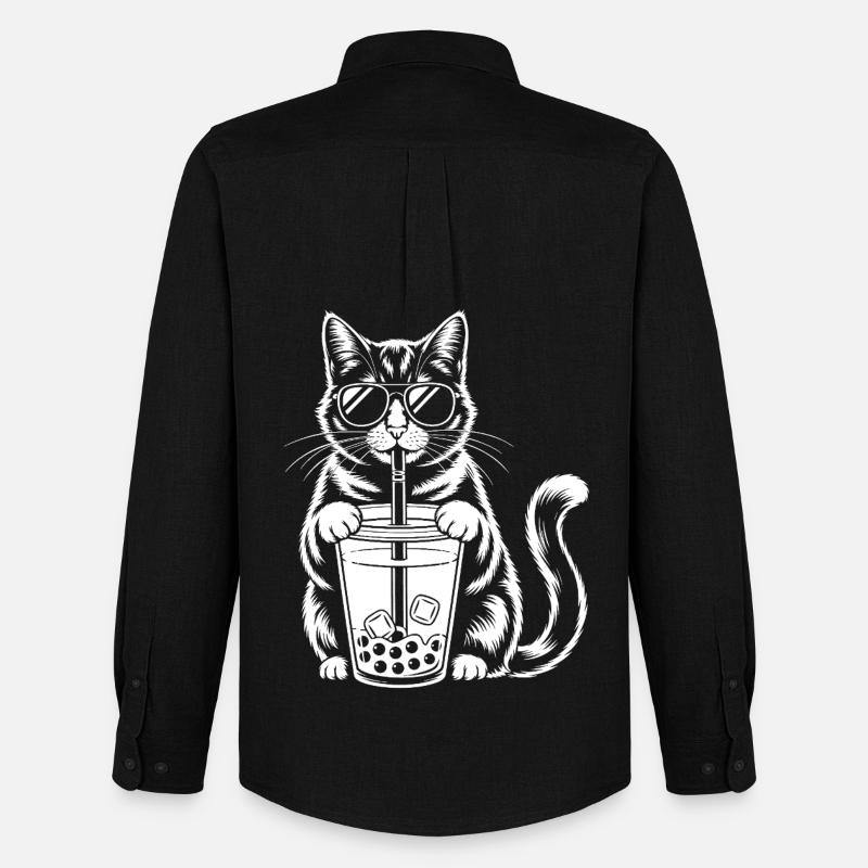 Katze mit Bubble Tee - Männer Oxford Hemd von Stanley/Stella - Schwarz