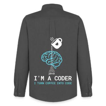 Coder T-Shirt: Coffee into Code – Nerdy Programmie - Men's Oxford Shirt by Stanley/Stella - anthracite - Back - AI Model Male 185 dark (185cm)