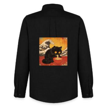 Japan Cat Ramen Noodles Retro Wave Pattern - Men's Oxford Shirt by Stanley/Stella - black - Back - AI Model Male 185 dark (185cm)