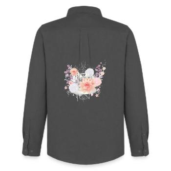 Composition des nénuphars et des fleurs d’hortensias - Chemise Oxford homme Stanley/Stella - charbon - Dos - AI Model Male 185 dark (185cm)