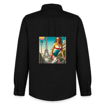 Beautiful young girl riding a bike in front of the Eiffel Tower - Men's Oxford Shirt by Stanley/Stella - black - Back - AI Model Male 185 dark (185cm)
