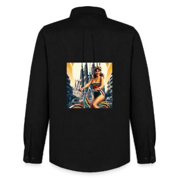 Retro Barcelona: Beautiful Girl on Bike - Men's Oxford Shirt by Stanley/Stella - black - Back - AI Model Male 185 dark (185cm)