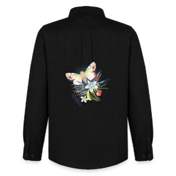 Papillon rare avec des fleurs exotiques - Chemise Oxford homme Stanley/Stella - noir - Dos - AI Model Male 185 dark (185cm)