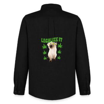 Cat Stoned Stoned Smoking Weed, Hemp Leaf, Hippie - Men's Oxford Shirt by Stanley/Stella - black - Back - AI Model Male 185 dark (185cm)