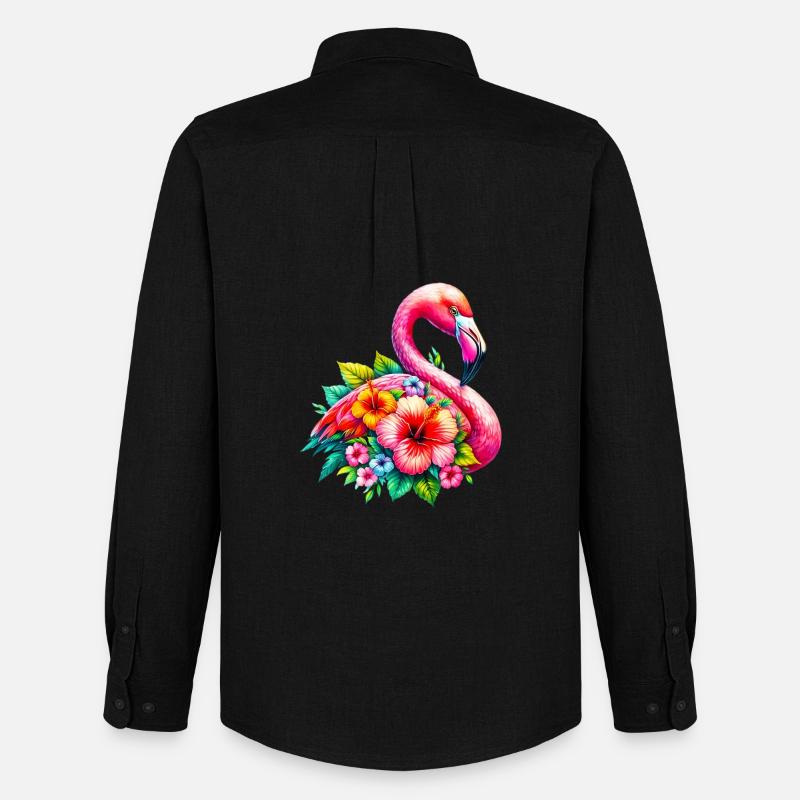 Flamingo verziert mit Hibiskusblüten - Männer Oxford Hemd von Stanley/Stella - Schwarz
