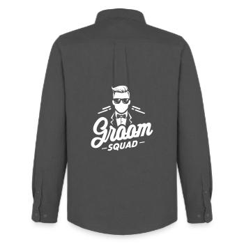 Groom "Groom Squad" Logo with Suit and Bow Tie - Men's Oxford Shirt by Stanley/Stella - anthracite - Back - AI Model Male 185 dark (185cm)