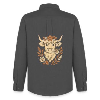 Vache Highland - Boeuf Highland avec fleur - Chemise Oxford homme Stanley/Stella - charbon - Dos - AI Model Male 185 dark (185cm)