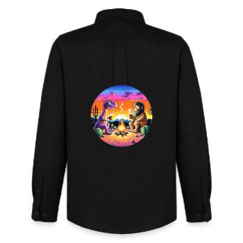 Illustration de rencontre préhistorique autour d’un feu de camp - Chemise Oxford homme Stanley/Stella - noir - Dos - AI Model Male 185 dark (185cm)