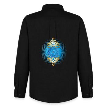 Motif de broches dorées avec bleuet bleu vif - Chemise Oxford homme Stanley/Stella - noir - Dos - AI Model Male 185 dark (185cm)