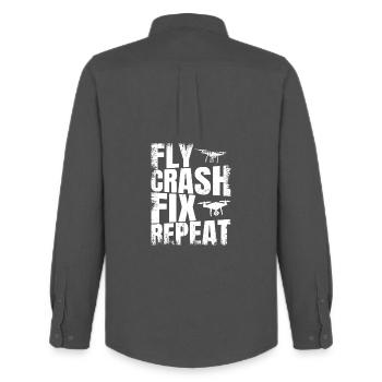 Fly_Crash_Fix_Repeat - Chemise Oxford homme Stanley/Stella - charbon - Dos - AI Model Male 185 dark (185cm)