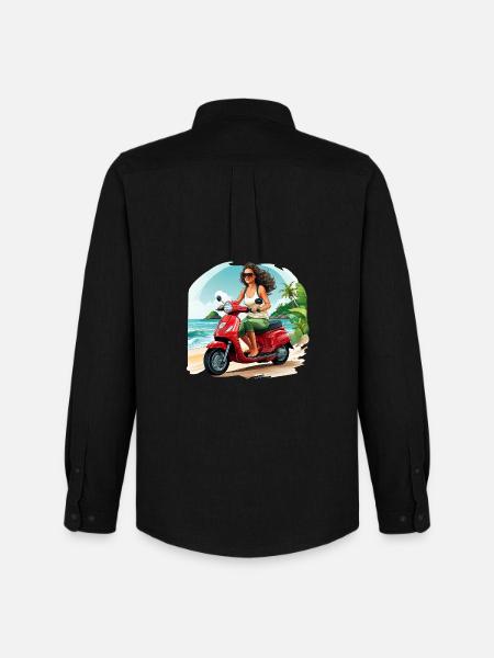 Frau mit rotem Roller am Strand - Männer Oxford Hemd von Stanley/Stella - Schwarz